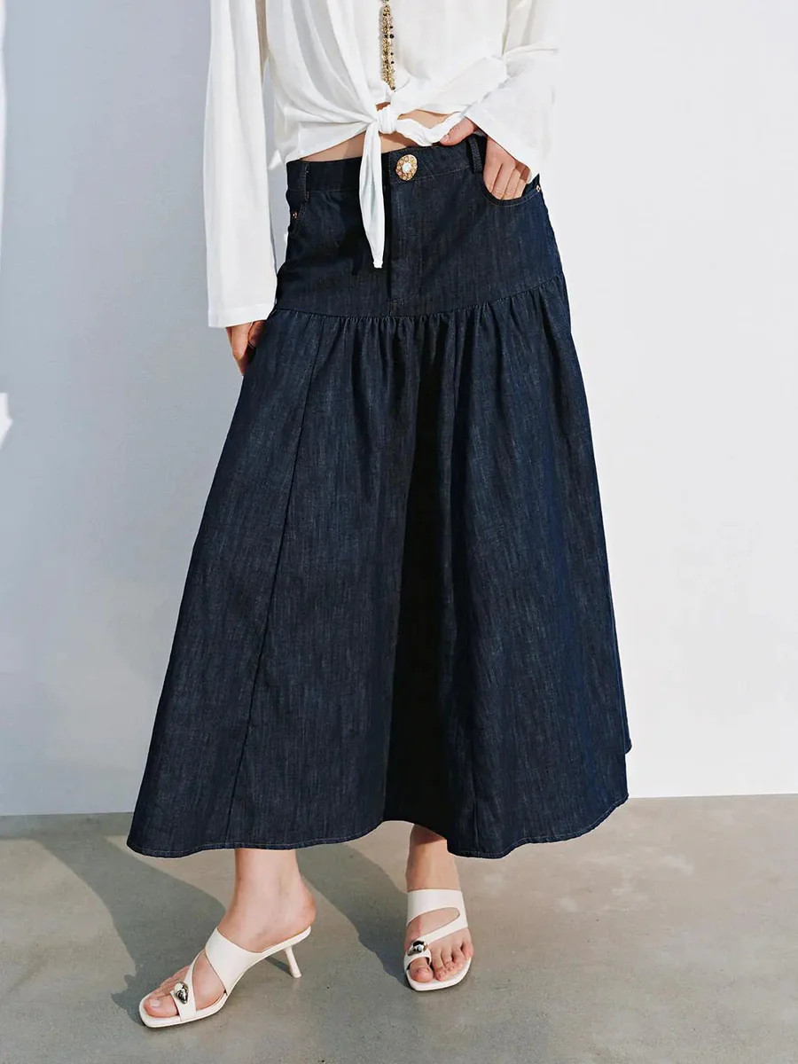 Elegant Cotton Denim Midi Ruffle Tiered Skirts | Urban Revivo