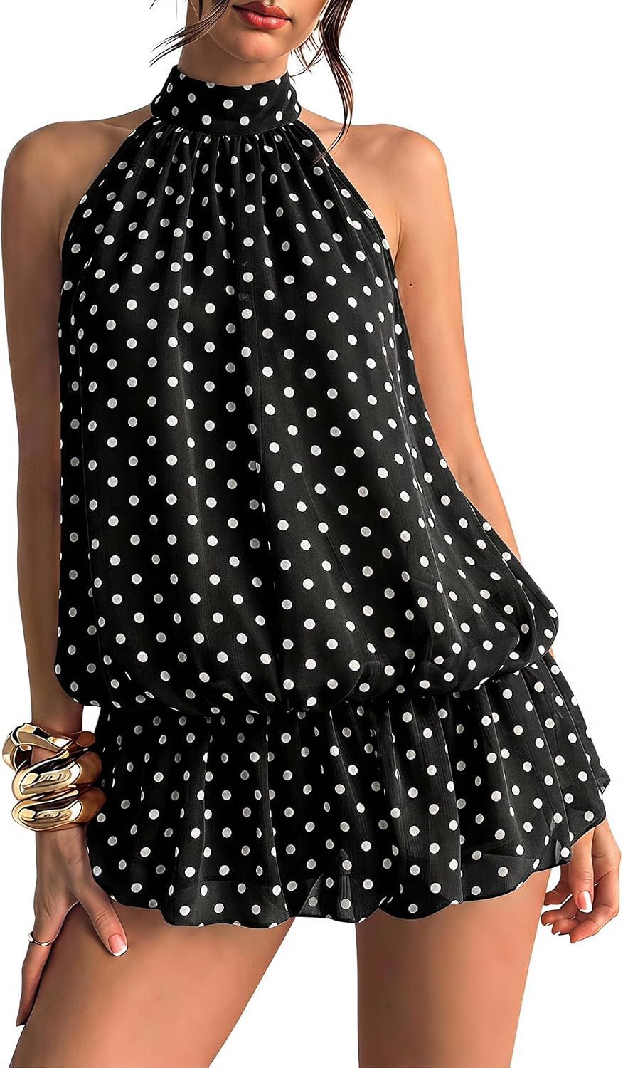 Floerns Women Backless Sleeveless Ruffle Bubble Hem Mesh Halter Mini Dress | Amazon (US)