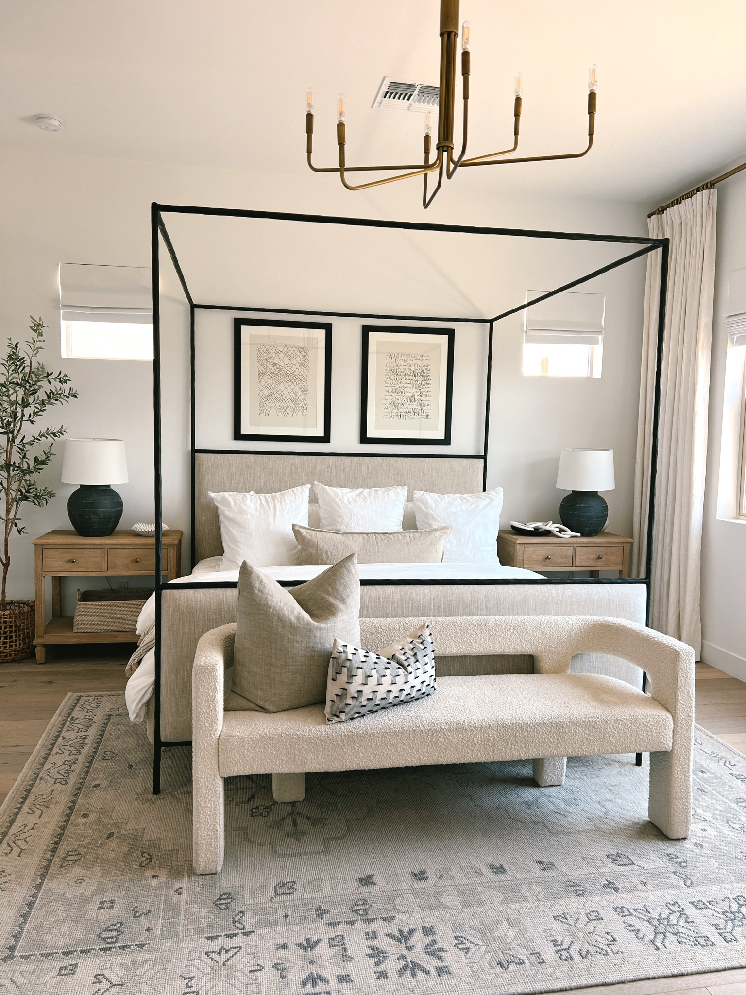 Primary bedroom canopy bed and nightstand. Pottery barn rug and cb2 bench

#LTKhome #LTKunder50 #LTKunder100