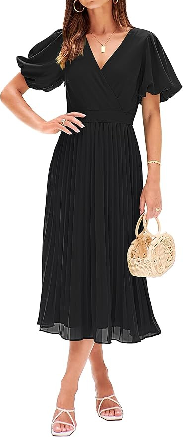MEROKEETY Womens 2024 Summer Puff Sleeve Wrap V Neck Pleated Flowy Midi Dress for Wedding Guest | Amazon (US)