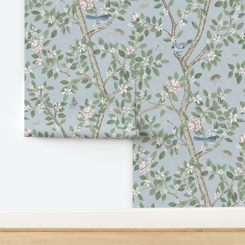 Custom Addison Soft Blue CLIMBING CITRUS GROVE with Peonies Wallpaper | Spoonflower | Spoonflower