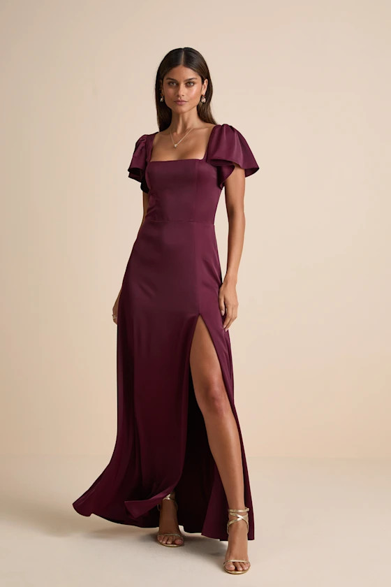 Ultimate Sweetness Plum Satin Flutter Sleeve Maxi Dress | Purple Wedding Guest Dress | Lulus