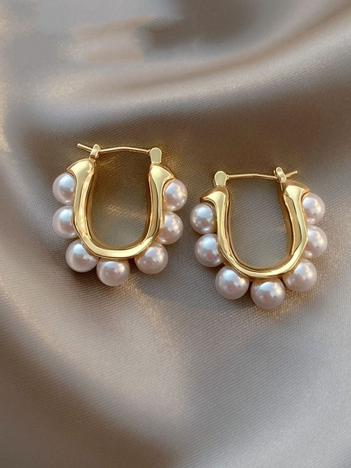 2pcs European & American Fashion Metal U Shape Faux Pearl Stud Earrings, Birthday Gift For Women | SHEIN