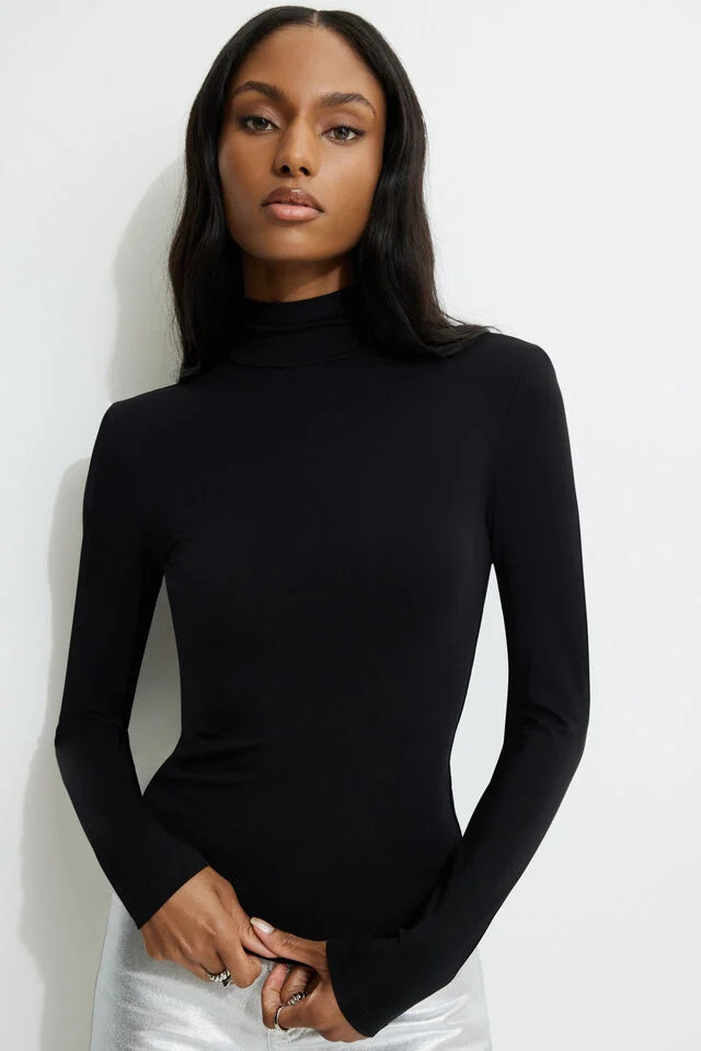 Shoulder Pad Mock Neck T-Shirt | Dynamite Clothing