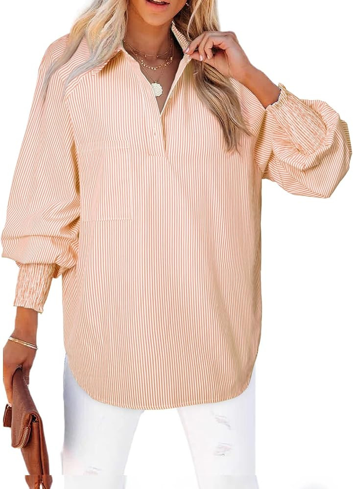 Astylish Women 2026 Fine Striped Smocked Cuffed Henley Shirts Puff Long Sleeve Collared Blouse To... | Amazon (US)