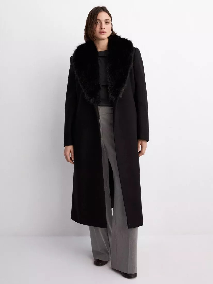 Mango Dolce Faux Fur Collar Wool Rich Coat, Black | John Lewis (UK)