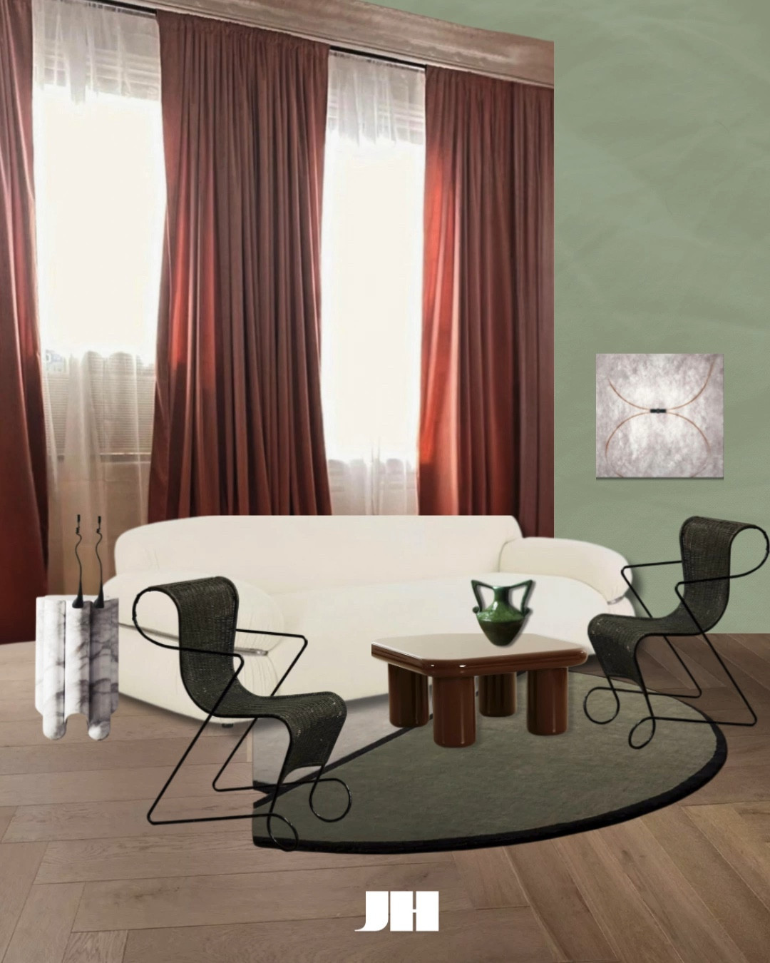 A living room with low end budget friendly pieces and high end vintage design classic in deep greens, warm wine and milky creams

#LTKStyleTip #LTKHome #LTKVideo