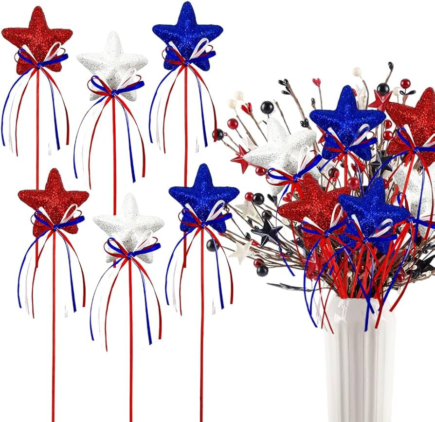 6 Pcs 4th of July Glitter Puffy Star Picks Foam Sparkly Sticks for Americana Independence Day Par... | Amazon (US)