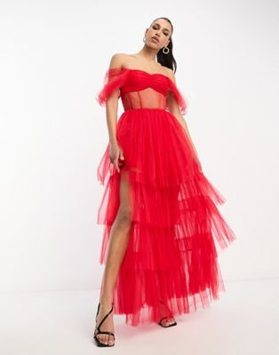 Lace & Beads off shoulder tulle corset maxi dress in red | ASOS (Global)