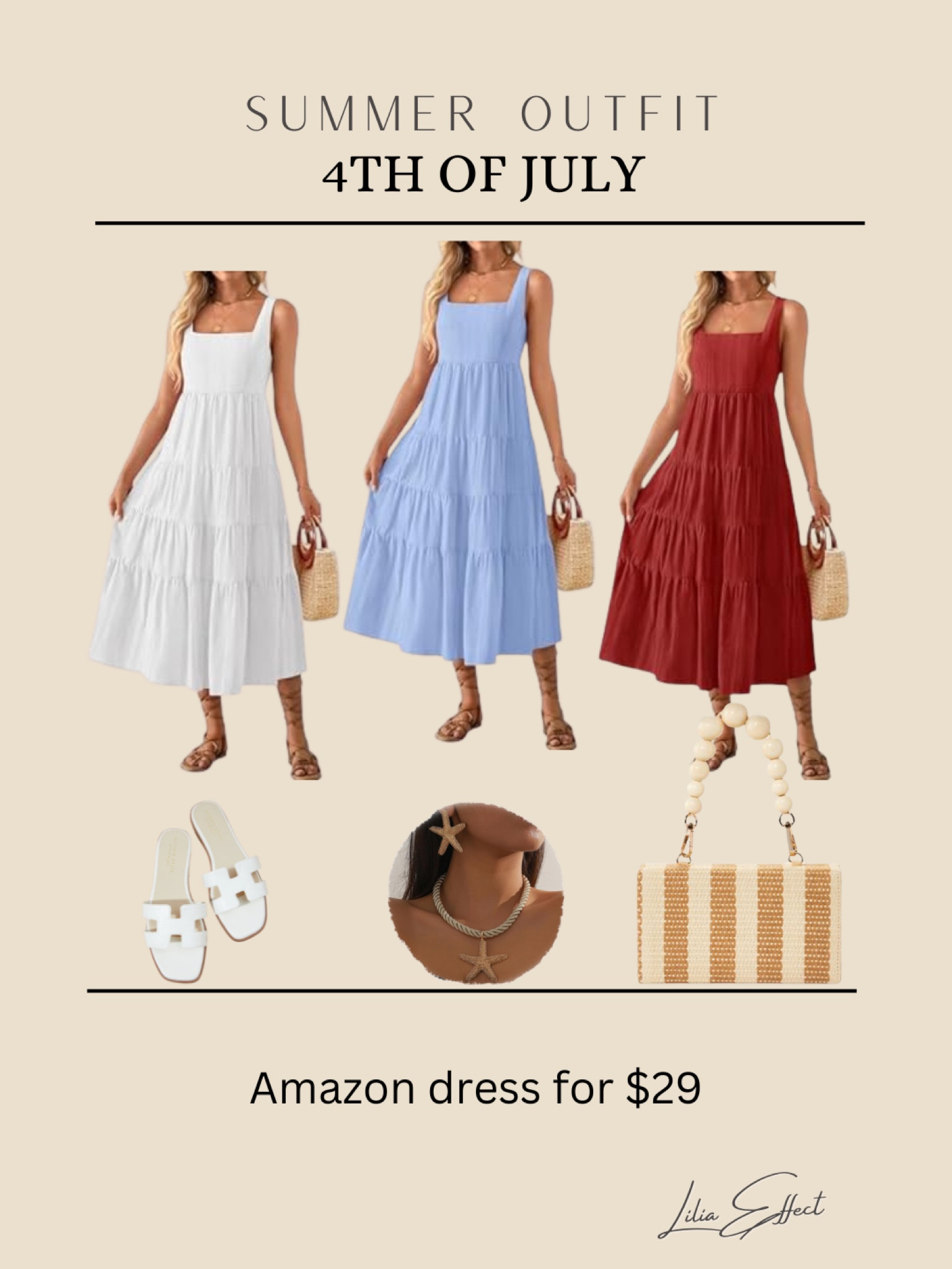 Summer outfit featuring Amazon dress for $29 which would be perfect for 4th of July celebration.

White dress • blue dress • red dress • star necklace • star earrings • woven bag • white sandals • 4th of July outfit • grandmillenial style • blue and white • preppy style

#LTKSummerSales #LTKFindsUnder50 #LTKStyleTip