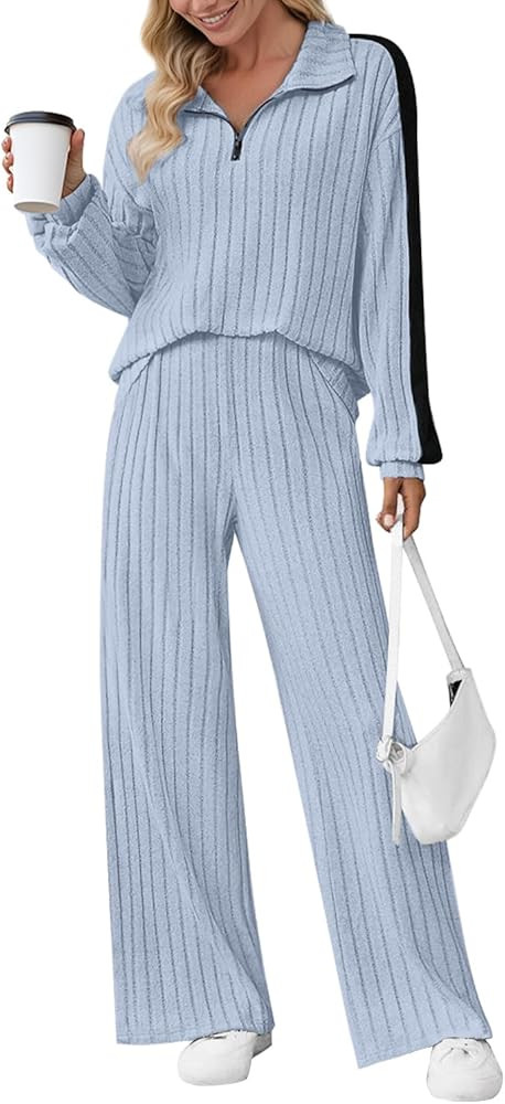 JUSTFASHIONNOW Womens 2 Piece Outfits Ribbed Knit Lounge Sets Cozy Half Zip Sweatsuit Sets Wide L... | Amazon (US)