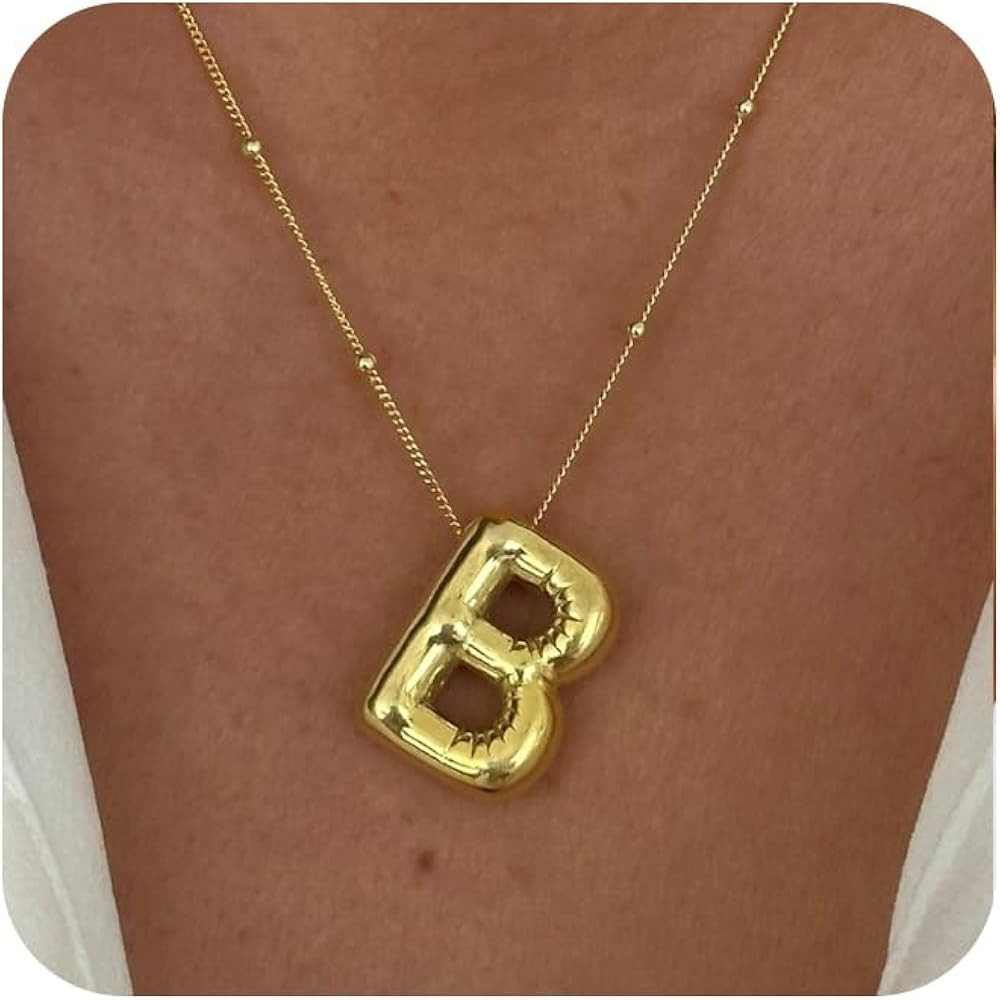 Gold Bubble Letter Necklace for Women, 14k Gold Plated Balloon Initial Letter Pendant Necklace Da... | Amazon (US)