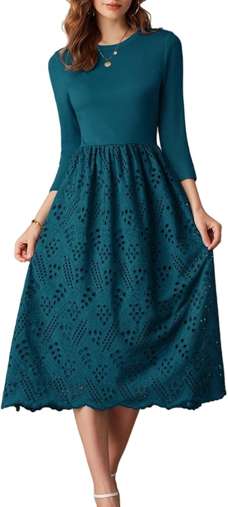 GRACE KARIN Womens Fall 3/4 Sleeve Dress with Pockets 2024 Trendy A Line Midi Eyelet Dress Dressy... | Amazon (US)