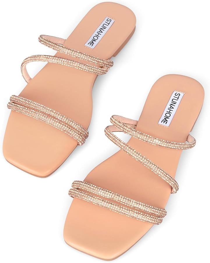STUNAHOME Women's Rhinestone Thong Flat Sandals Open Toe Slide Sandals with Square Toe Bling Stra... | Amazon (US)