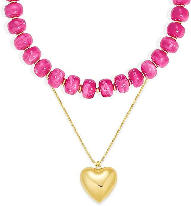 YUJIE Chunky Heart Penadnt Necklace for Women- Exaggerated Statement Puff Heart Necklace with Acr... | Amazon (US)