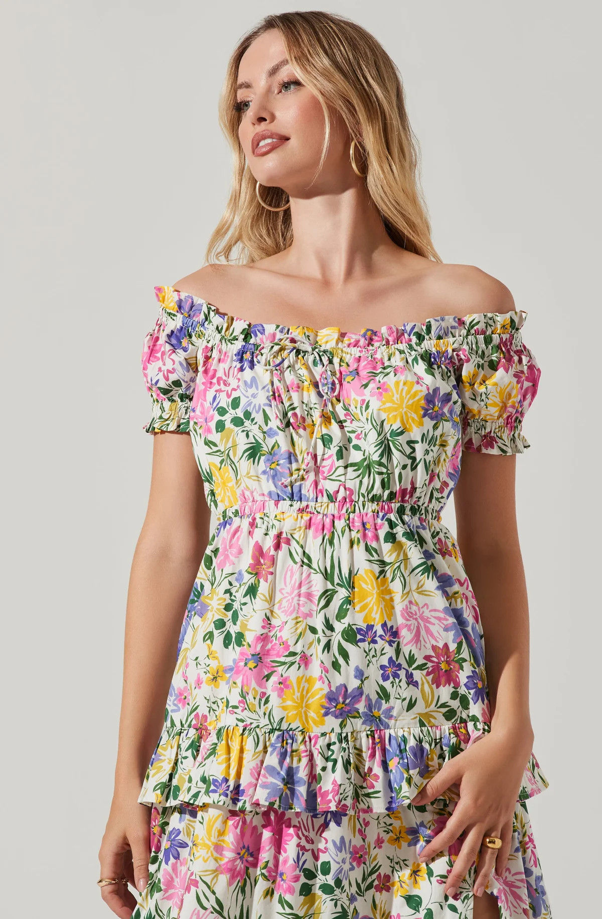 Viona Floral Off Shoulder Tiered Midi Dress | ASTR The Label (US)