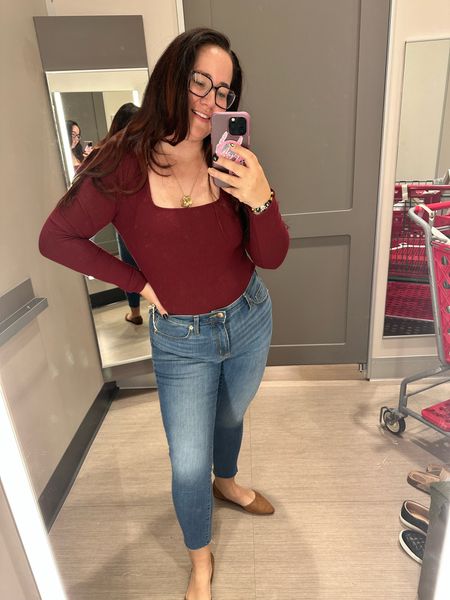 This bodysuit is PERFECT for fall. The ribbed fabric makes it look so chic, and the square neckline is so flattering. I am wearing a size L and it fits really well. Jeans are size 10 and fit TTS. These flats are so cute as well. Wearing a size 9.

#LTKmidsize #LTKSeasonal #LTKHoliday
