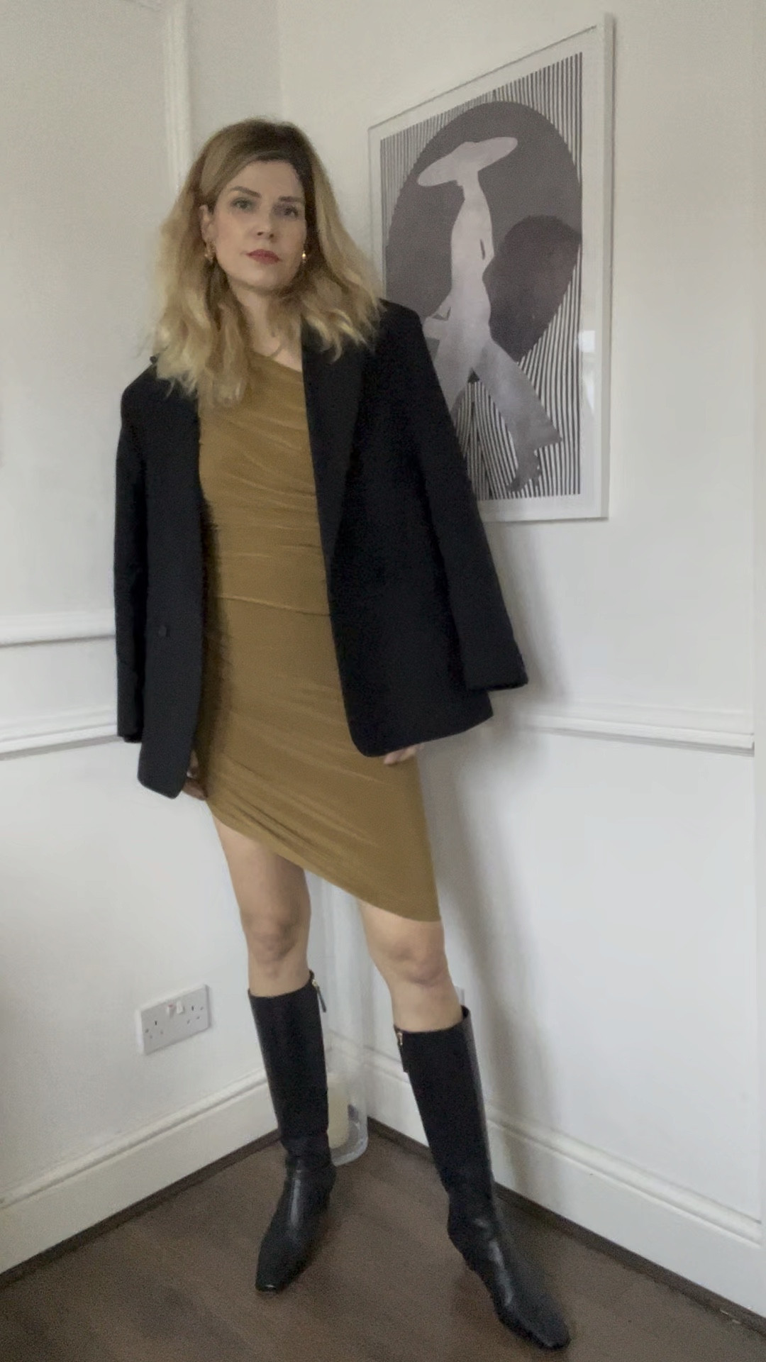 evening dress, Norma kamali dress, brown dress, black knee high boots, alohas, black blazer #LTKGift 

#LTKover40 #LTKsalealert