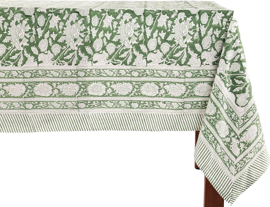 ATOSII Meraki Green 100% Cotton Rectangle Tablecloth, Hand Block Print Washable Table Cover, Dini... | Amazon (US)