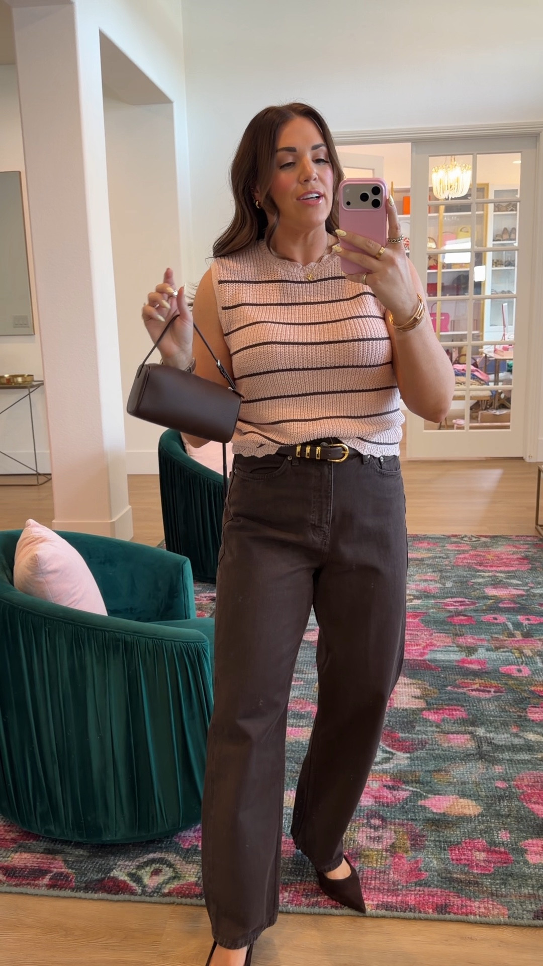 curvy midsize transitional spring pink look! wearing size large in pink stripe sweater top, size 30 in brown denim, and size large in pink mauve jacket 

#LTKMidsize #LTKSeasonal