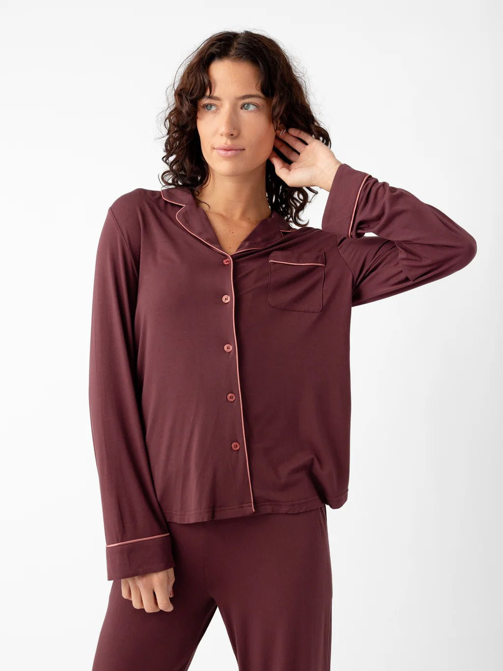 Women's Bamboo Viscose Stretch-Knit Long Sleeve Shirt Pajama Top in Burgundy (Size: XL) - Cozy Earth | Cozy Earth