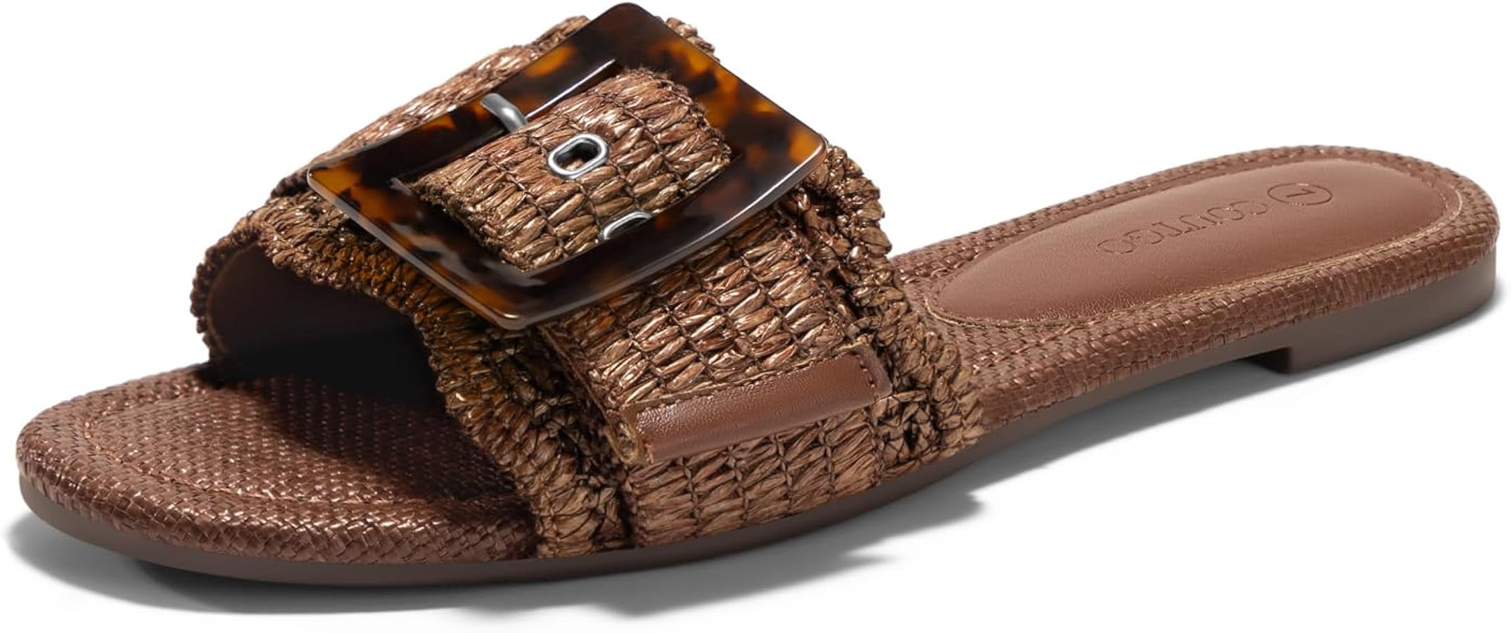 Coutgo Womens Flat Sandals Raffia Slip On Slide Sandal Square Open Toe Buckle Summer Beach Shoes ... | Amazon (US)