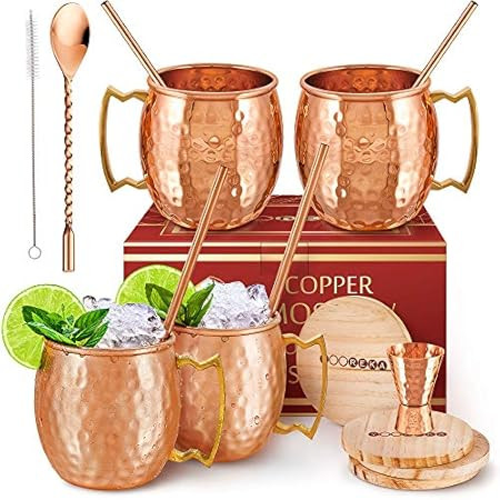 Moscow Mule Copper Mugs - Set of 4-100% HANDCRAFTED Solid Copper Mugs, Gift set with 4 Copper Straws | Amazon (US)
