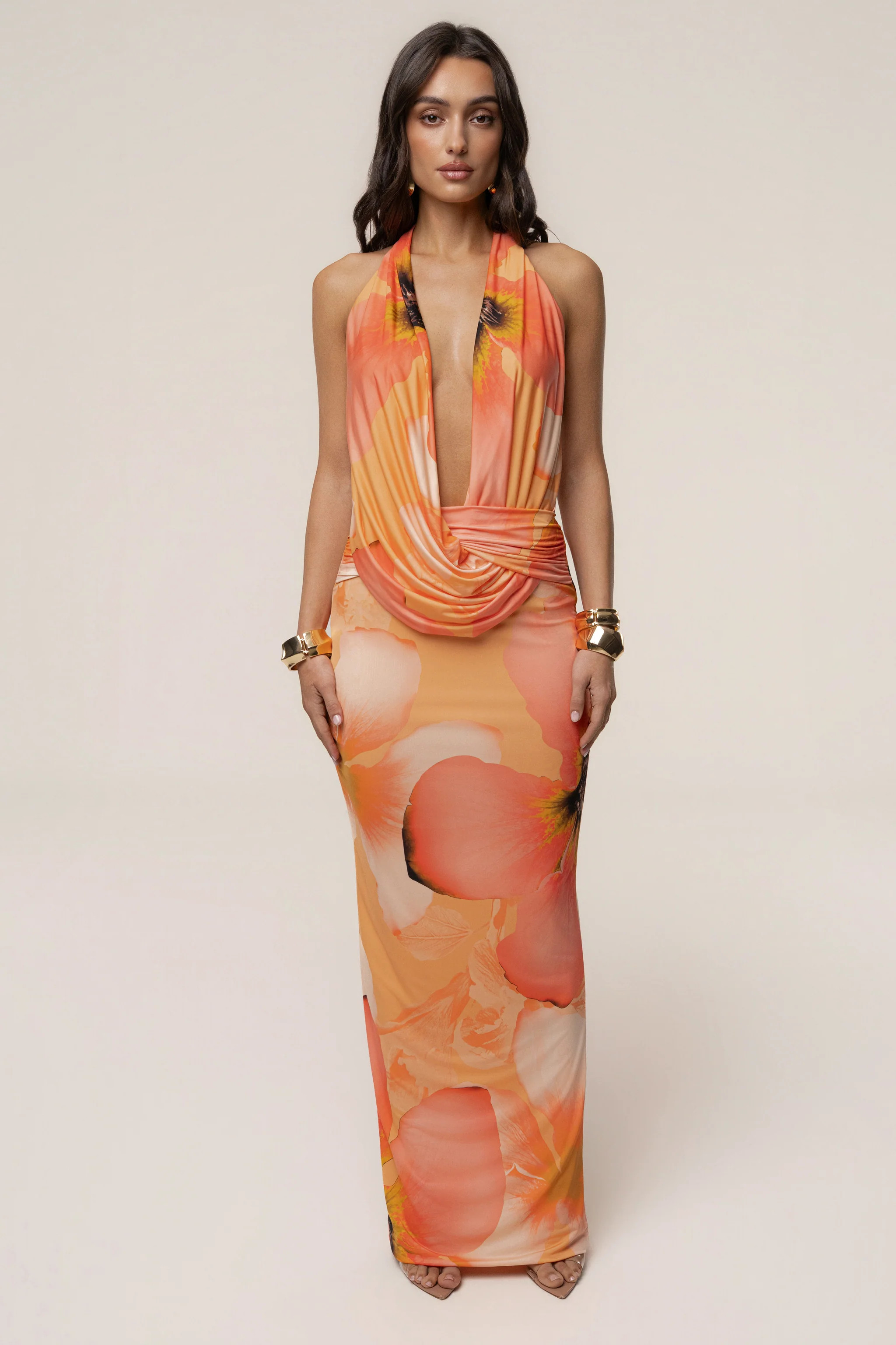 Orange  Dawn Draped Maxi Dress | JLUXLABEL US