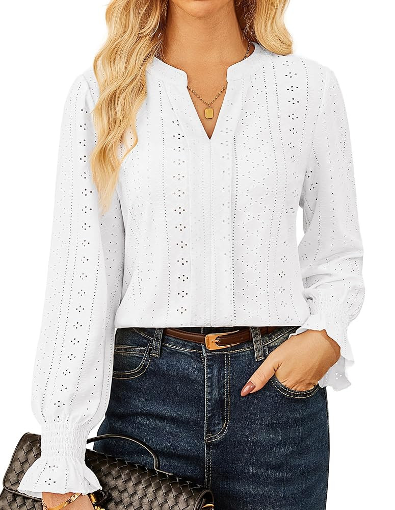 GRACE KARIN Women's Long Sleeve Shirts 2025 V Neck Dressy Casual Eyelet Tops Fall Lace Embroidere... | Amazon (US)