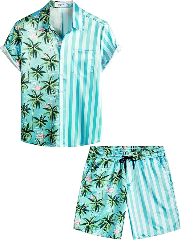 VATPAVE Mens Flamingo Hawaiian Sets Casual Short Sleeve Button Down Shirts Beach Outfits | Amazon (US)