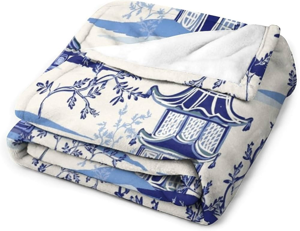 Blue Chinoiserie Temple Chinese Style Fleece Throw Blanket Soft Cozy Fluffy Flannel Throws Blankets for Couch Bed Sofa Living Room Bedroom Home Decor, Lightweight Fuzzy Plush Blanket for All Season 40 | Amazon (US)