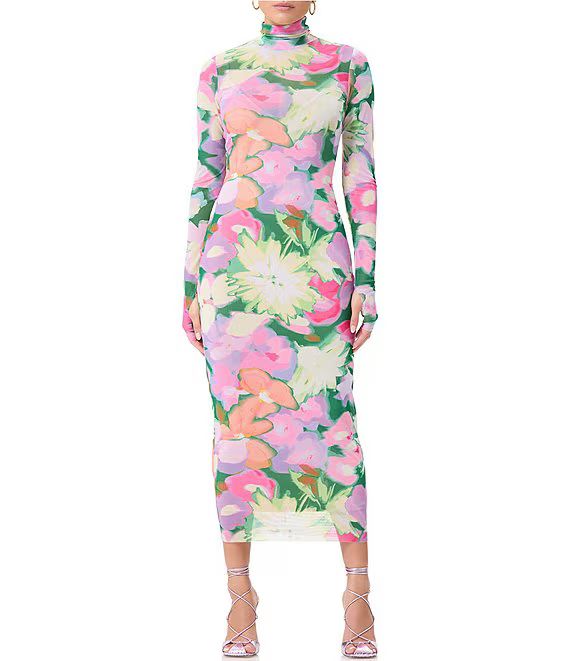 AFRM Shailene Printed Mesh Turtleneck Long Sleeve Midi Dress | Dillard's | Dillard's