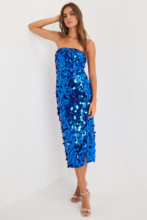 Shimmy For Me Cobalt Blue Sequin Strapless Midi Dress | Lulus (US)