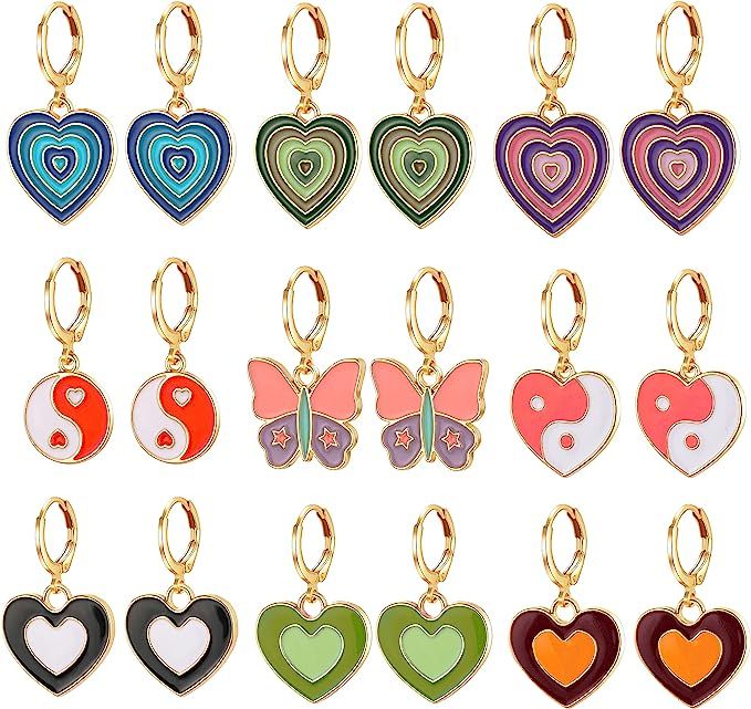 9 Pairs Cute Small Huggie Hoop Earrings Set for Women Girls, Colorful Y2k Enamel Earring, Heart B... | Amazon (US)