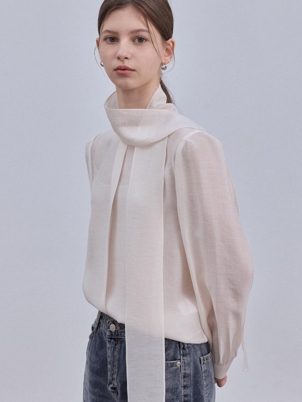 Tencel Gathered Front Detachable Scarf Blouse [Pink beige] | W Concept (US)