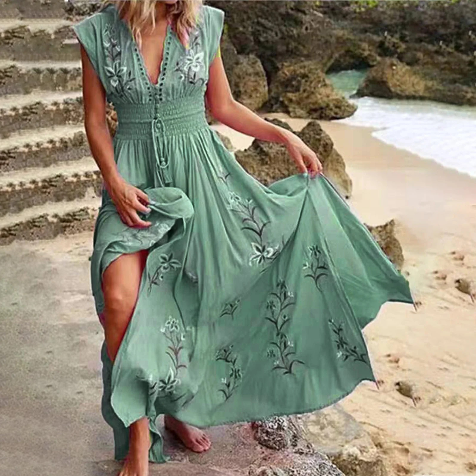 GYEDTR Hawaiian Summer Maxi Dresses Tunic Holiday Dresses For Women Floral Print Side Split Long ... | Walmart (US)
