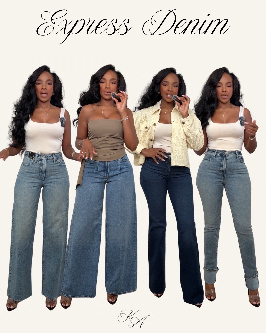 New In: Express denim 
They fit so good! Let’s talk details 👇🏽
Far left: fit really well small back gap
Second to the left: above the pleat in the front and wash
Second to the right: my favorite pair love, dark denim, and love a good flare
Far right: so good cuffed and I’m just makes my life super stretchy as well with no back gap 

Size 4 long in all

#dresstoexpress @express #expresspartner

#LTKFindsUnder100 #LTKPetite #LTKautumn