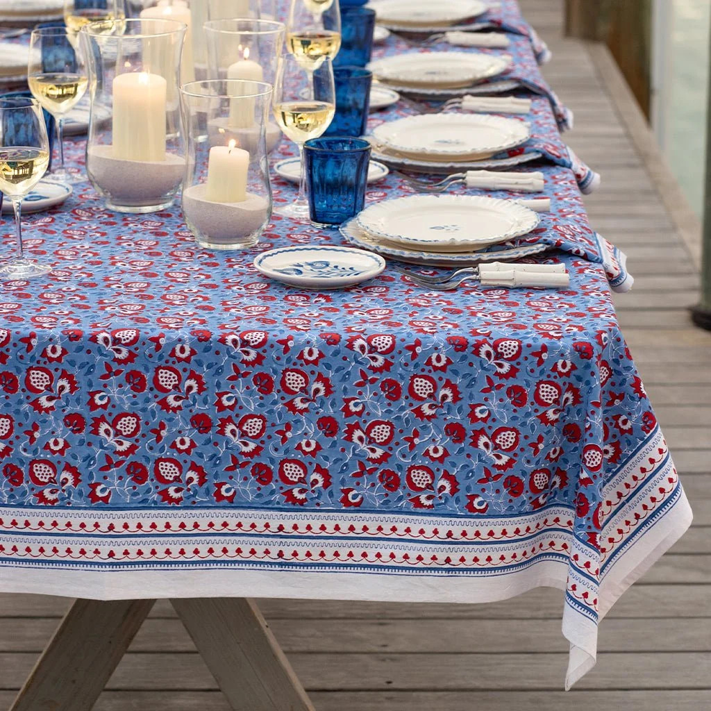 Pom Fan Flower Blue & Red Tablecloth | Pomegranate