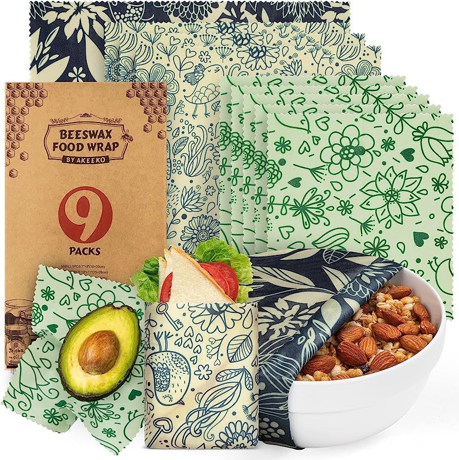 Reusable Food Wraps w/Beeswax Assorted 9 Packs - Eco-Friendly Reusable Wraps, Biodegradable, Zero... | Amazon (US)