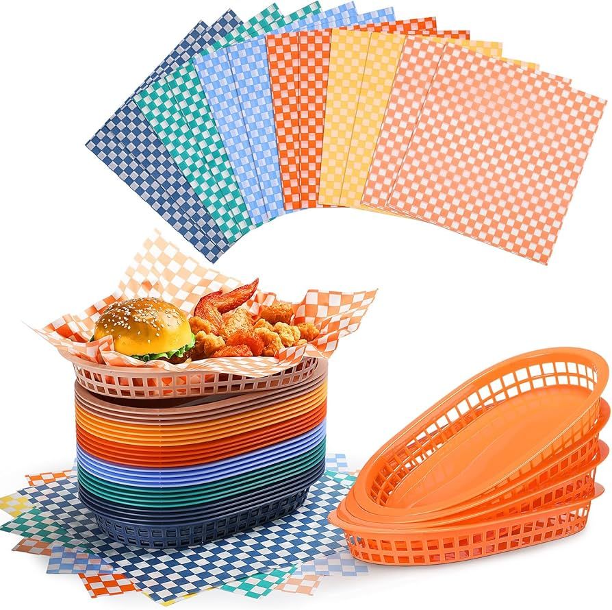 48 Pcs Plastic Fast Food Baskets for Serving and Colorful Checked Paper Sheets 10.5 x 7 Inch Oval... | Amazon (US)