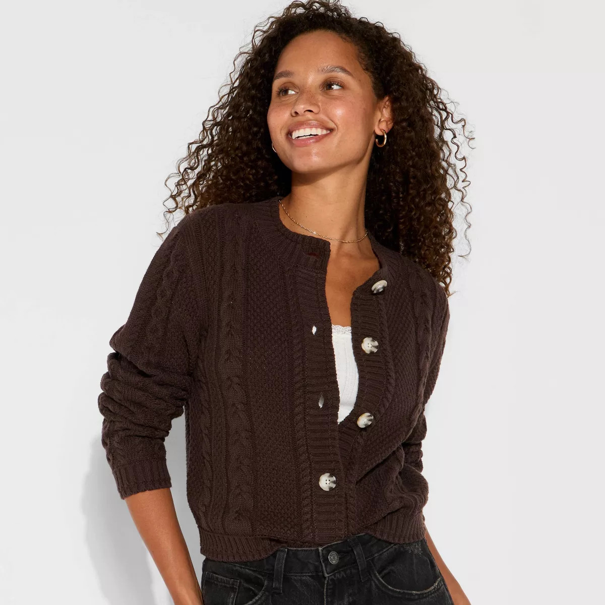 Women's Crewneck Heritage Cable Cardigan - Wild Fable™ Brown S | Target