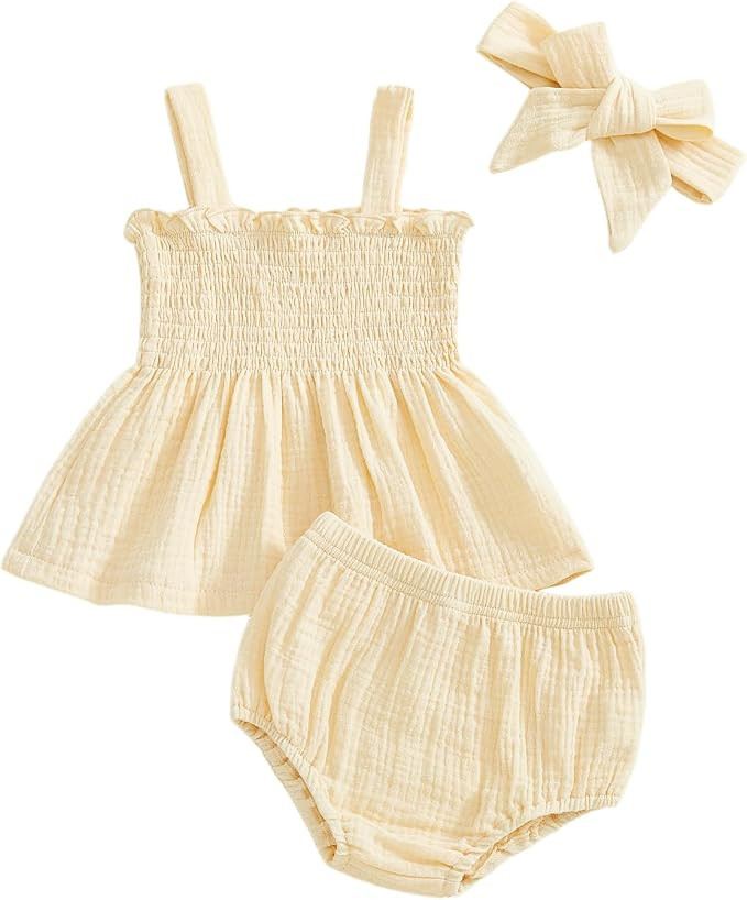 MERSARIPHY Newborn Baby Girl Summer Clothes Boho Linen Sleeveless Smocked Tank Tops Bottom Shorts... | Amazon (US)