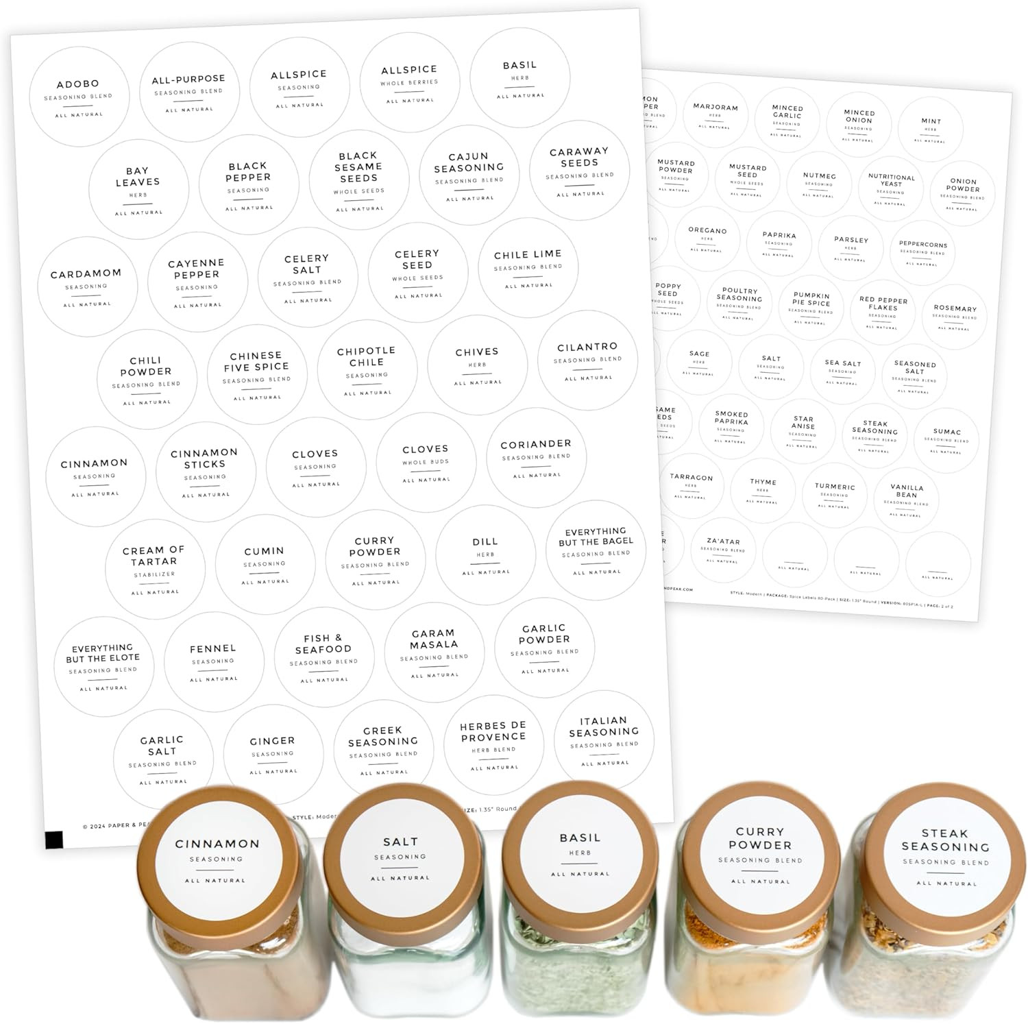 Paper & Pear Round Spice Jar Labels Preprinted Waterproof - Modern Style White Spice Labels Stick... | Amazon (US)