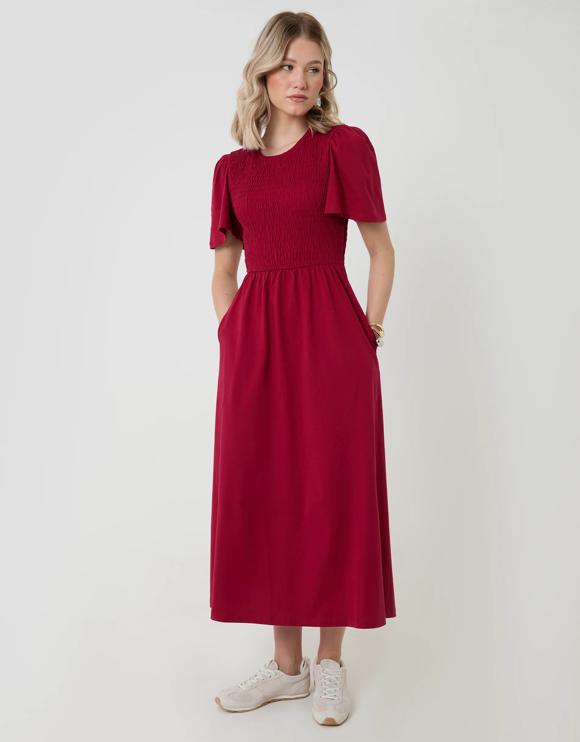 Pure Cotton Shirred Bodice Midi Dress in Red | Threadbare UK