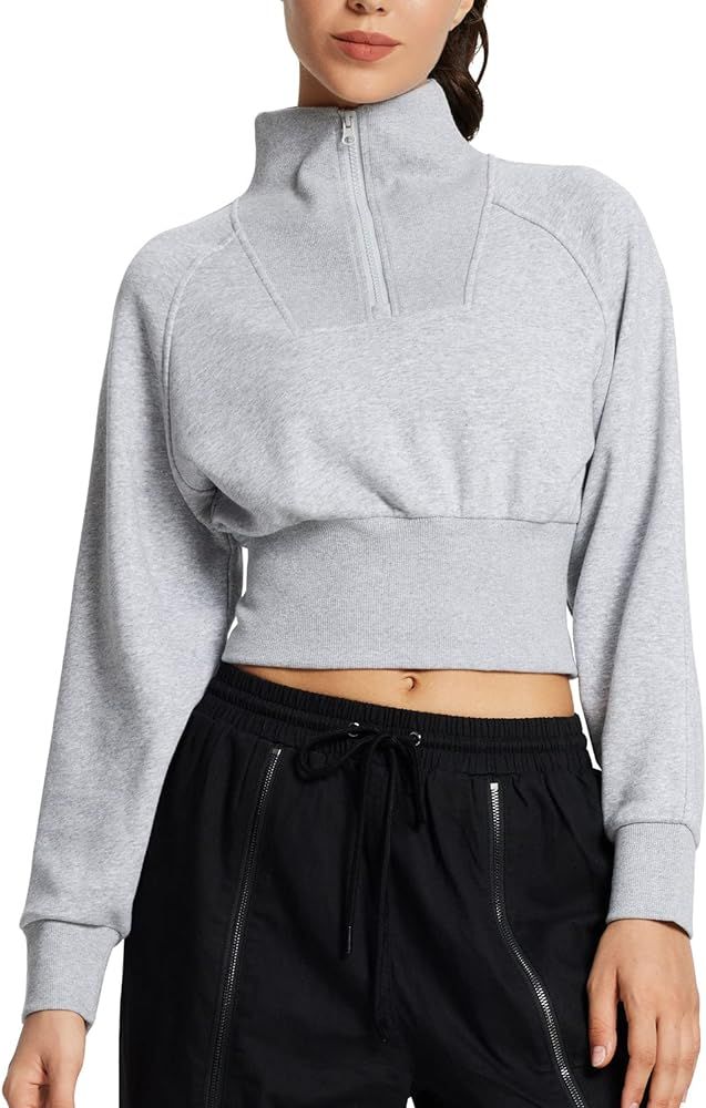 Baleaf Women's Half Zip Cropped Sweatshirt High Neck Long Sleeve Crop Pullover Athletic Ribbed Co... | Amazon (US)