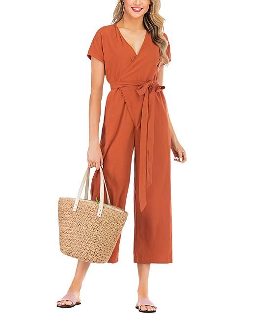 Sucrefas Women's Jumpsuits Orange - Orange V-Neck Crop Wrap Jumpsuit - Women | Zulily