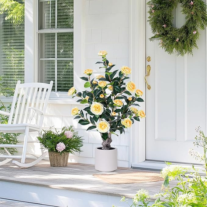 3.2 Ft Yellow Artificial Camellia Tree with White Pots - 39 inch Tall Fake Tree,Large Artificial ... | Amazon (US)