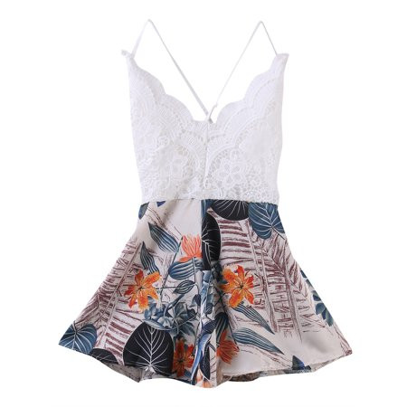 wsevypo Summer Lace Romper Jumpsuit Retro V-neck Floral Print Overall Bodysuit | Walmart (US)