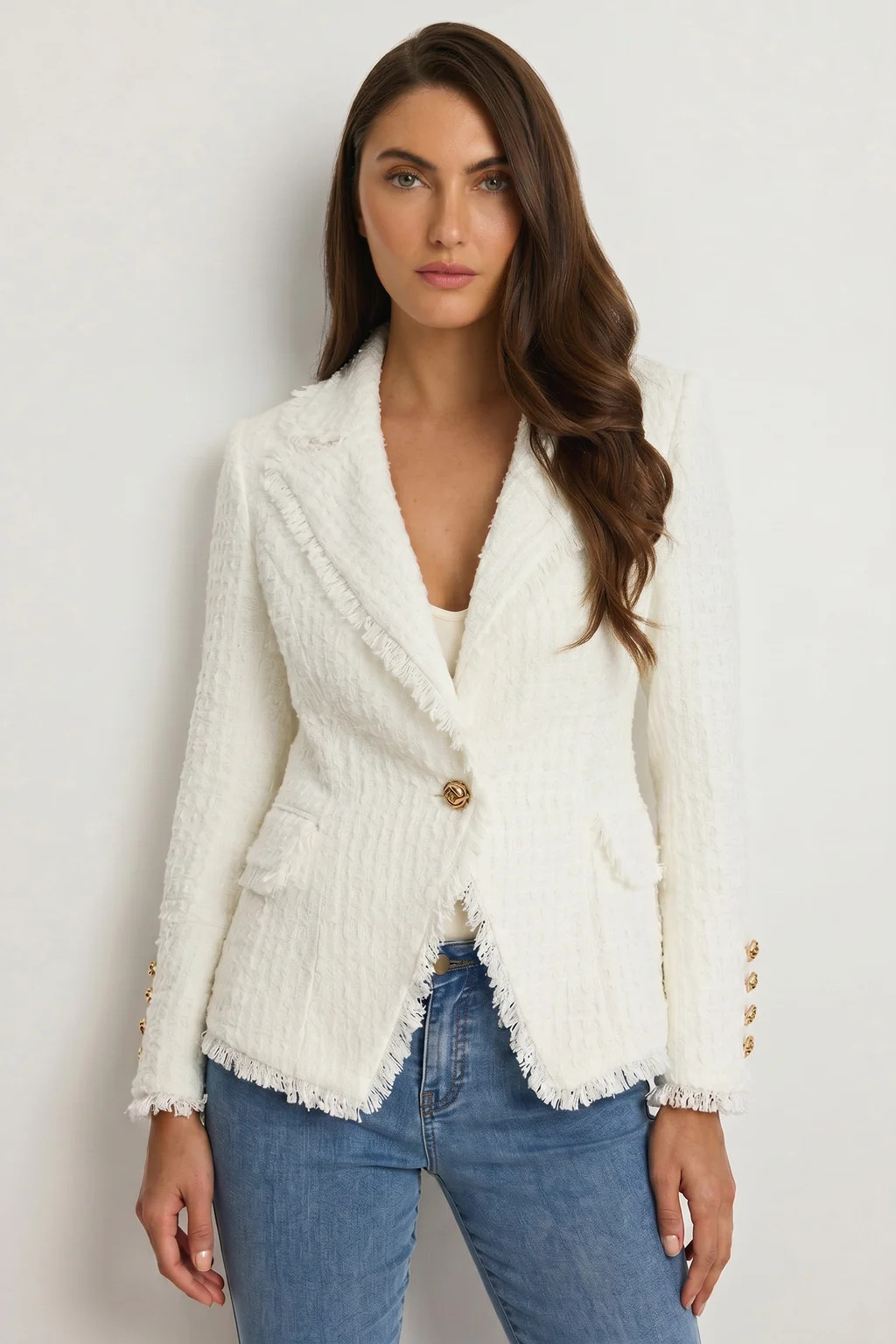 Giselle Single Breasted Tweed Blazer - White | The Noli Shop