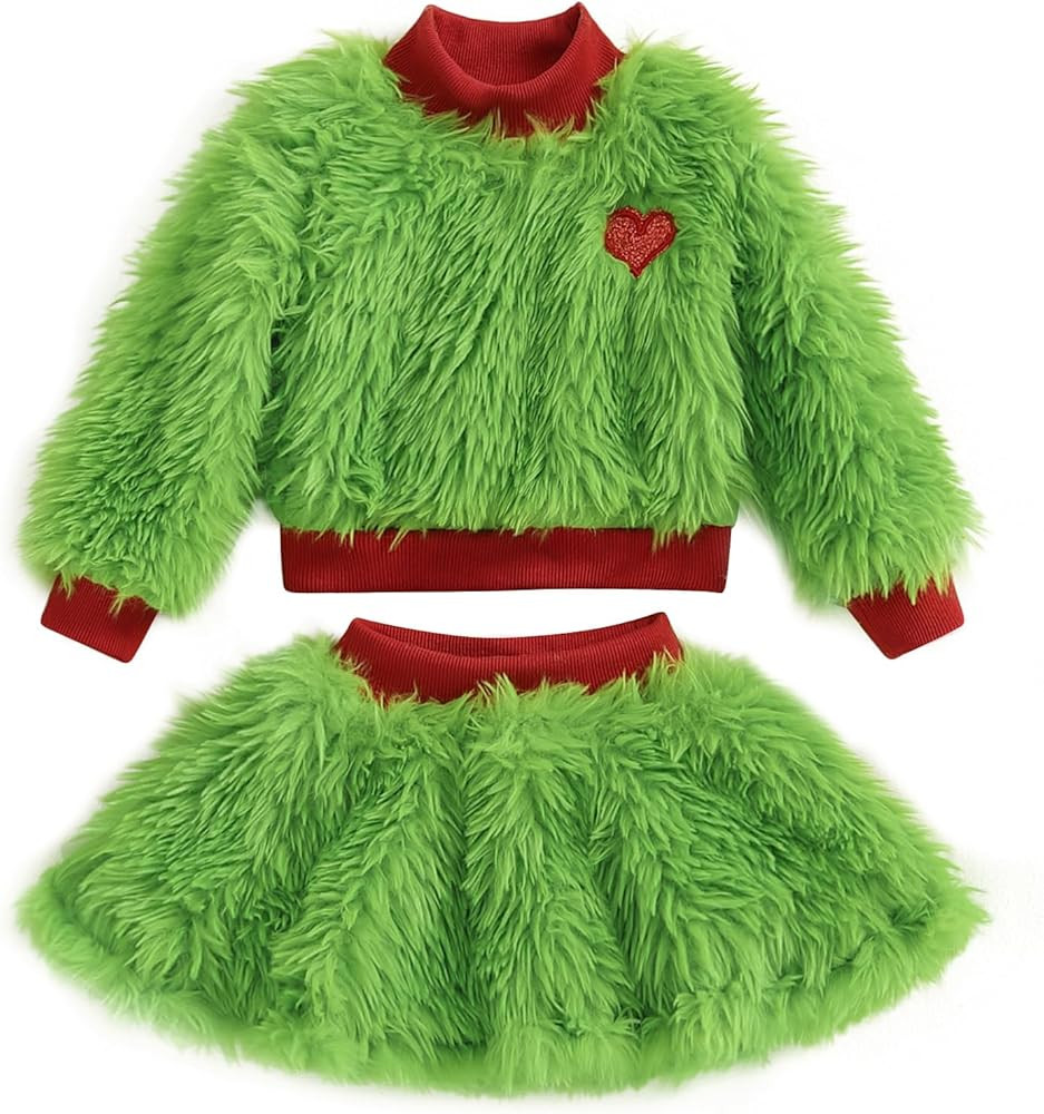 Toddler Baby Girl Christmas Outfit Green Furry Sweatshirt Tops Skirts Set Infant Fall Winter Chri... | Amazon (US)